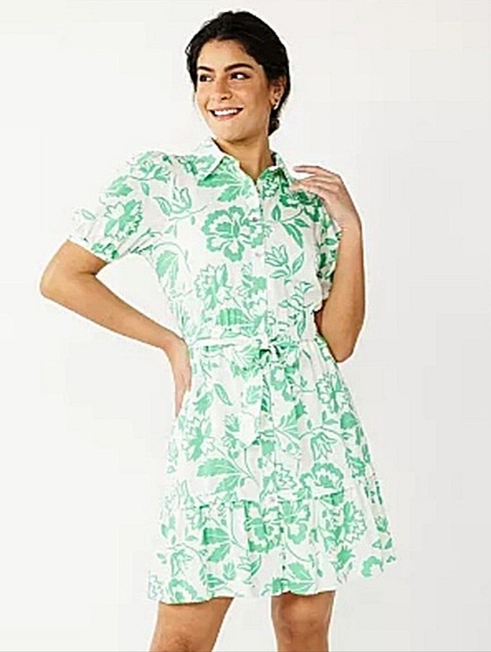 Draper James Floral Linen Blend T-Shirt Dress White Green Print | Women's Size S